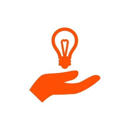 Orange icon showing a hand and a lightbulb offering a tip.