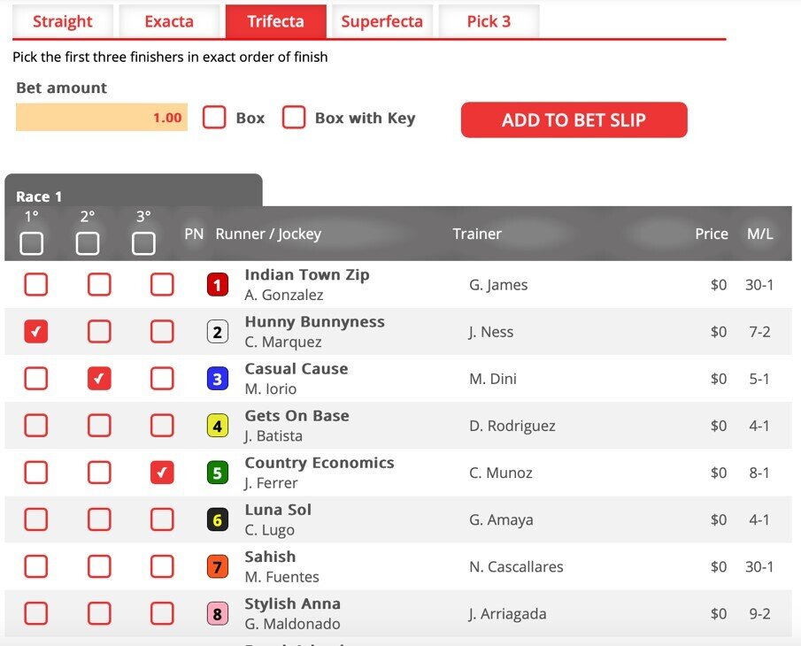 Example of a trifecta bet at BetOnline racebook.