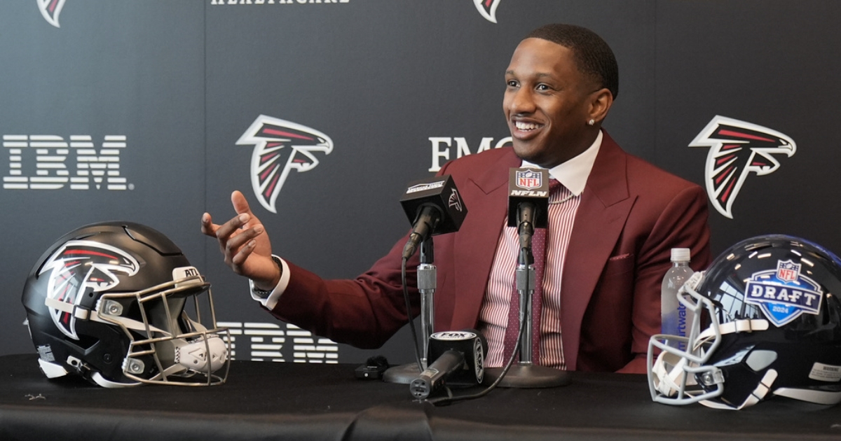 Michael Penix Jr. at a press conference, after being drafted by the Falcons.
