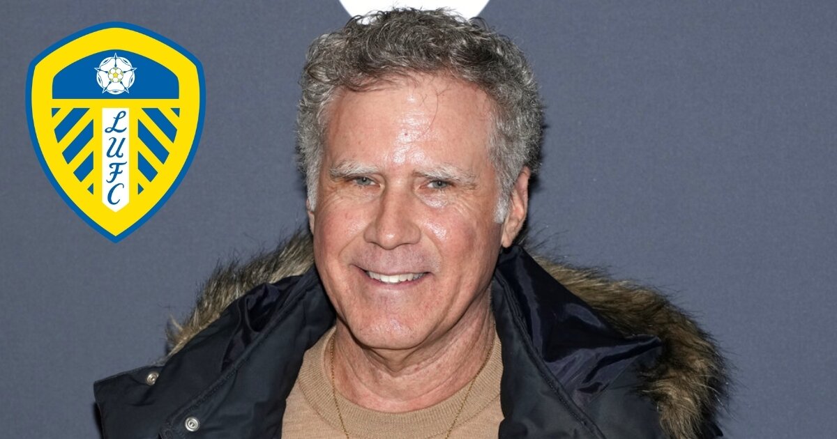 Will Ferrell and the Leeds United logo.