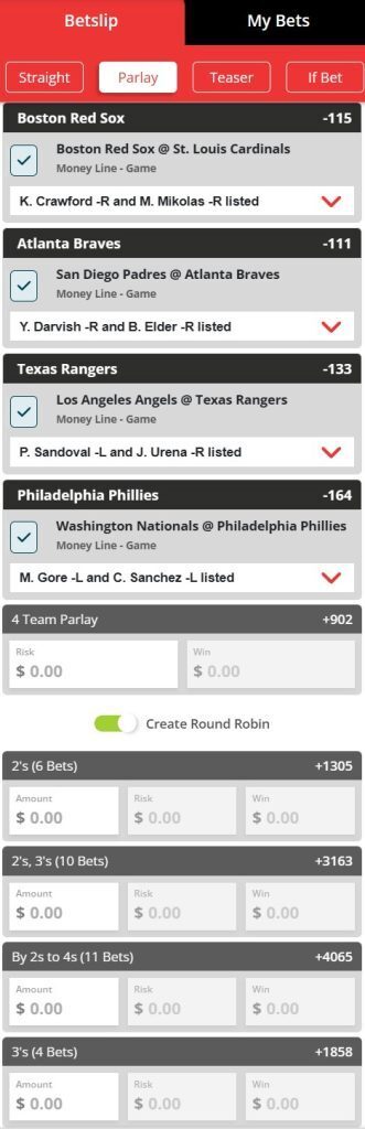BetOnline bet slip featuring a round-robin parlay bet.