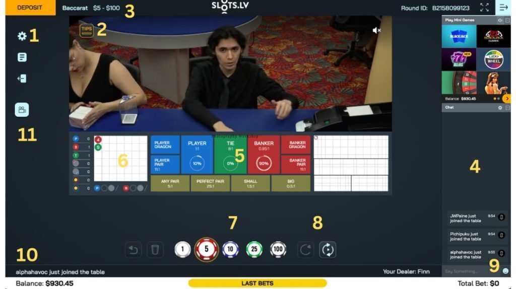Live dealer baccarat game at Slots.lv
