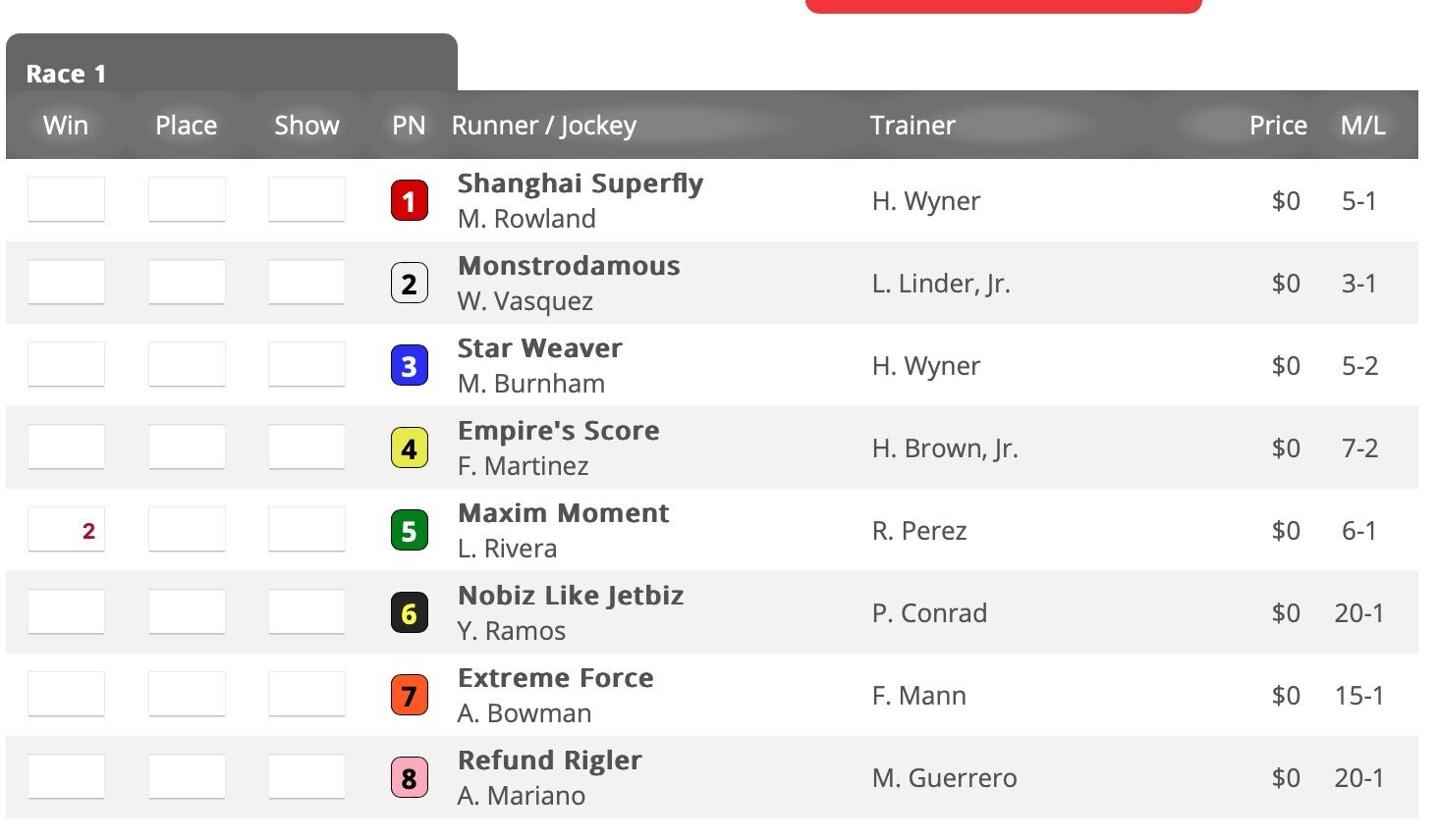 Pari-mutuel horse racing example in a sportsbook