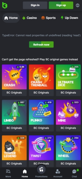 BC.GAME mobile homepage