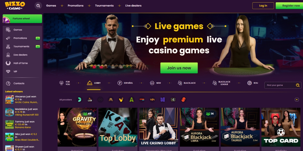 Bizzo Casino live dealer lobby screenshot.