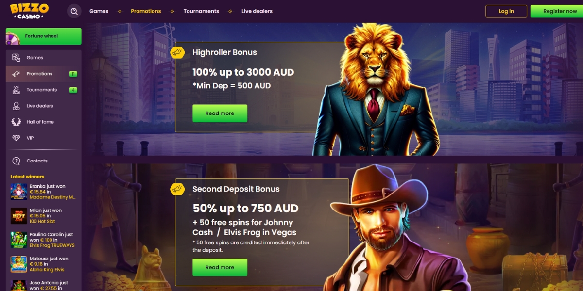 Bizzo Casino bonuses and promotions screenshot.