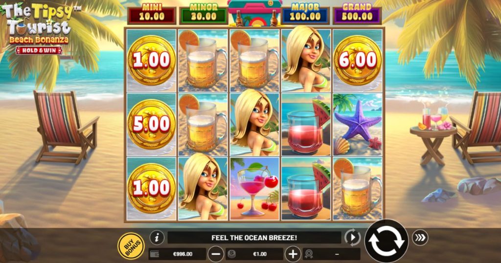 The Tipsy Tourist: Beach Bonanza Hold & Win online slot gameplay.