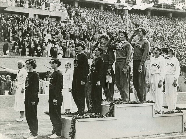 Women's 4x100 meters relay medal ceremony at the 1936 Berlin Olympics.