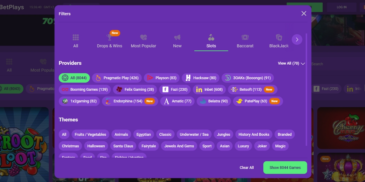 Slots Filter Tool at BetPlays.