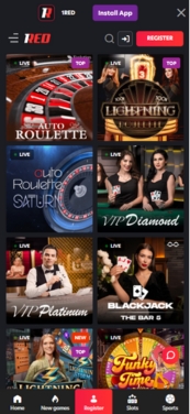 1Red Live Dealer Lobby accessed via mobile browser.