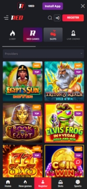 1Red Slots accessed via mobile browser.