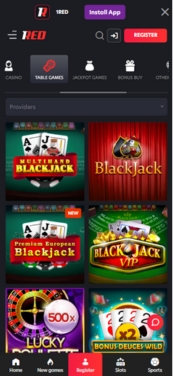 1Red Table Games accessed via mobile browser.