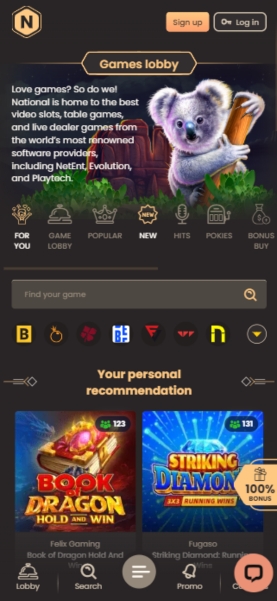 National Casino Games Screen on Mobile