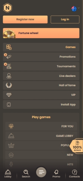 National Casino Menu Screen on Mobile