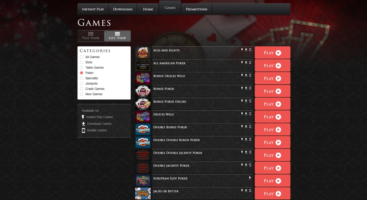 Lucky Red Casino Poker Game List View