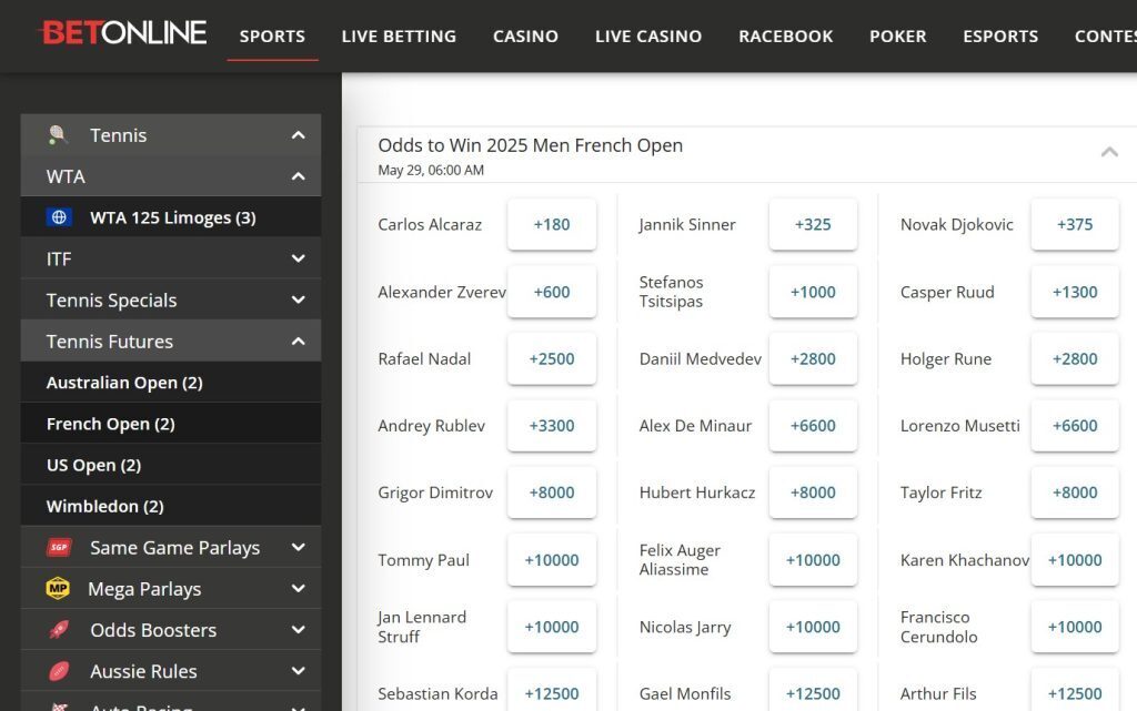 BetOnline’s tennis betting interface showcasing French Open match odds.