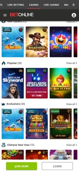 BetOnline mobile casino lobby