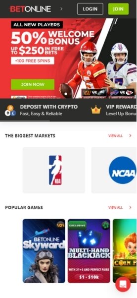 BetOnline mobile page home screen