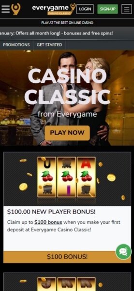 Casino Classic mobile layout on Everygame, highlighting promotions and game categories with vibrant graphics.