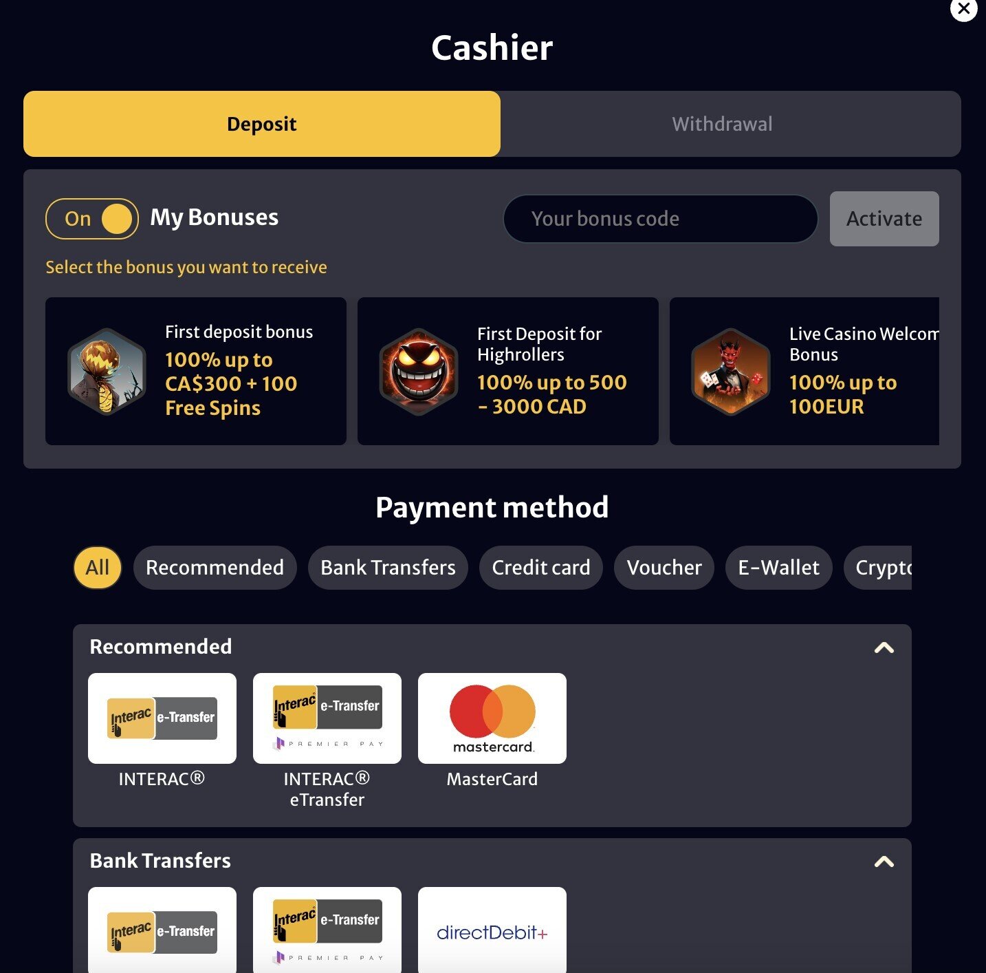 Select Deposit Method
