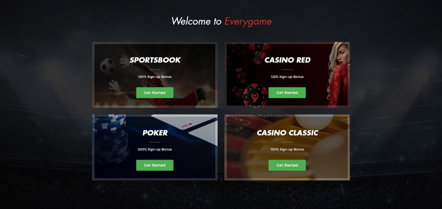 Everygame homepage showcasing their sportsbook, casino, and poker options.