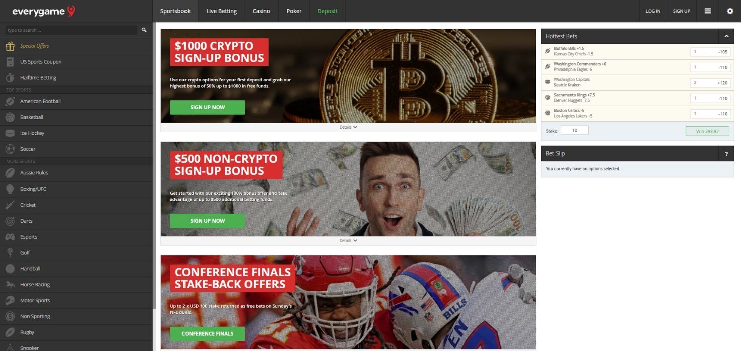 Everygame sportsbook promotion page showing a list of bonuses and promos.