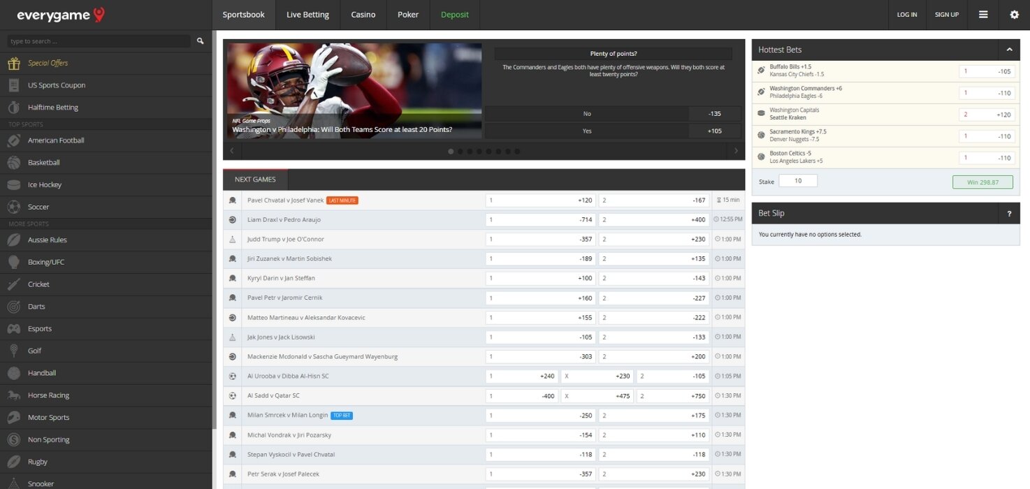 Sportsbook homepage showcasing betting markets for NBA, NFL, and other popular sports.