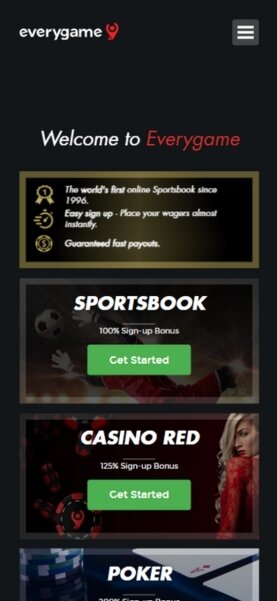 Everygame mobile homepage showing sportsbook, casino, and poker options, featuring bold banners and quick navigation buttons.