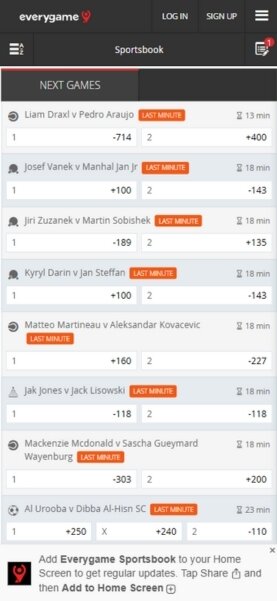 Everygame sportsbook interface on mobile, displaying betting odds and next games section with clean, user-friendly design.