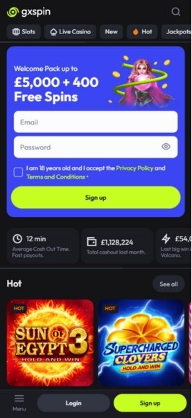 GxSpins Casino Mobile Home Page