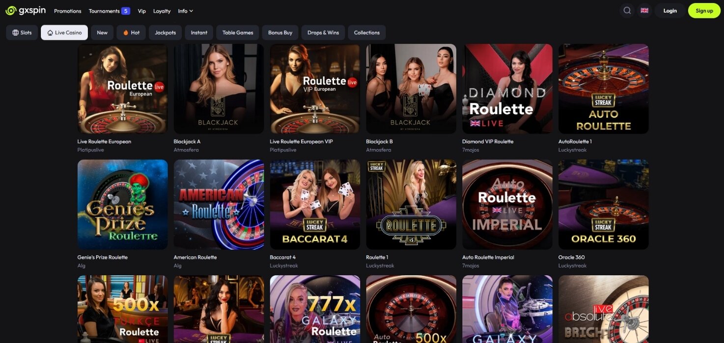 GxSpin live casino lobby