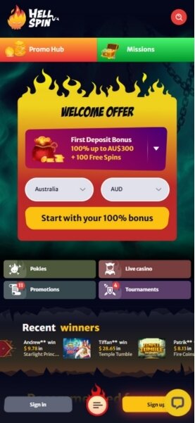 HellSpin Mobile Home Page