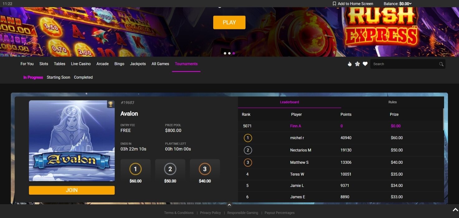 Jackpot City Casino Tournament Page
