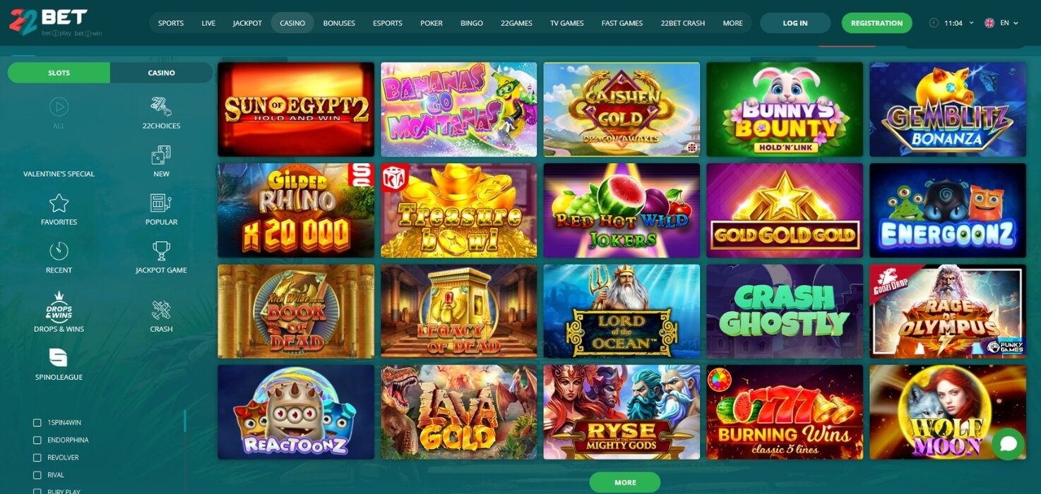Casino section showcasing popular slots, including “Big Wild Buffalo” and “Hell Hot 100.”