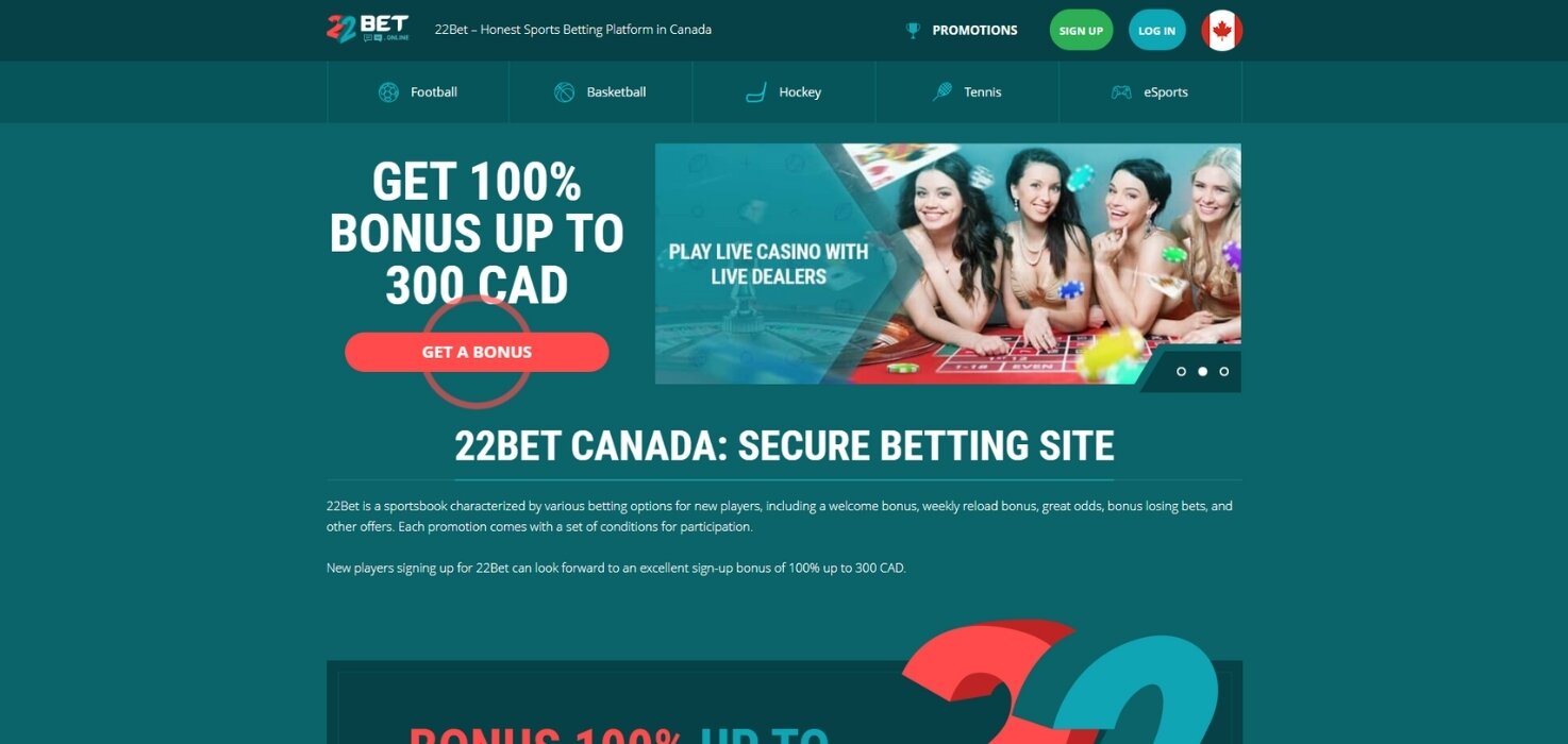 22Bet homepage highlighting 100% welcome bonus up to $300 CAD for new players.