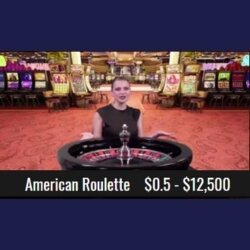 A professional dealer hosting American Roulette in a vibrant casino backdrop.