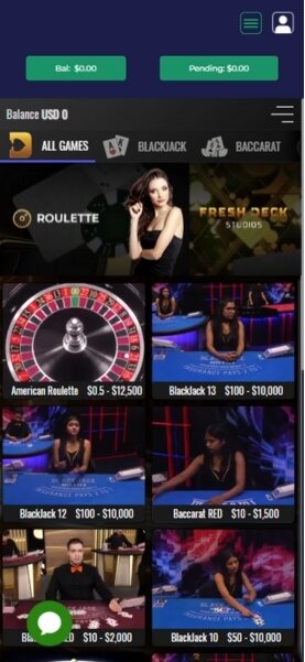 BetAnySports casino games menu on mobile showing live baccarat and roulette options.