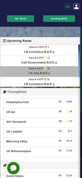 Upcoming races on BetAnySports racebook with advanced search feature visible.