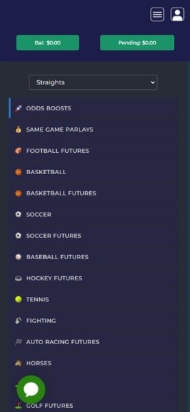 Sportsbook menu on BetAnySports mobile browser app with clear navigation options.