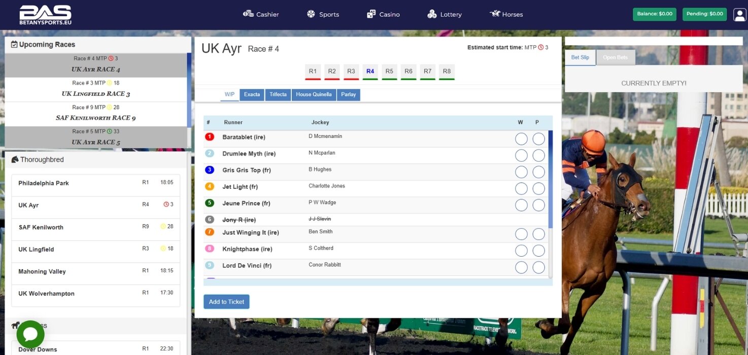 The BetAnySports Racebook+, displaying upcoming horse races, detailed schedules, and race clock countdowns for a comprehensive horse betting platform.