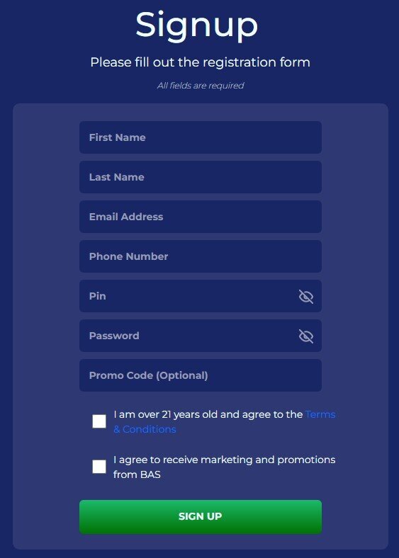 BetAnySports registration form, including details such as phone number, pin, and password.