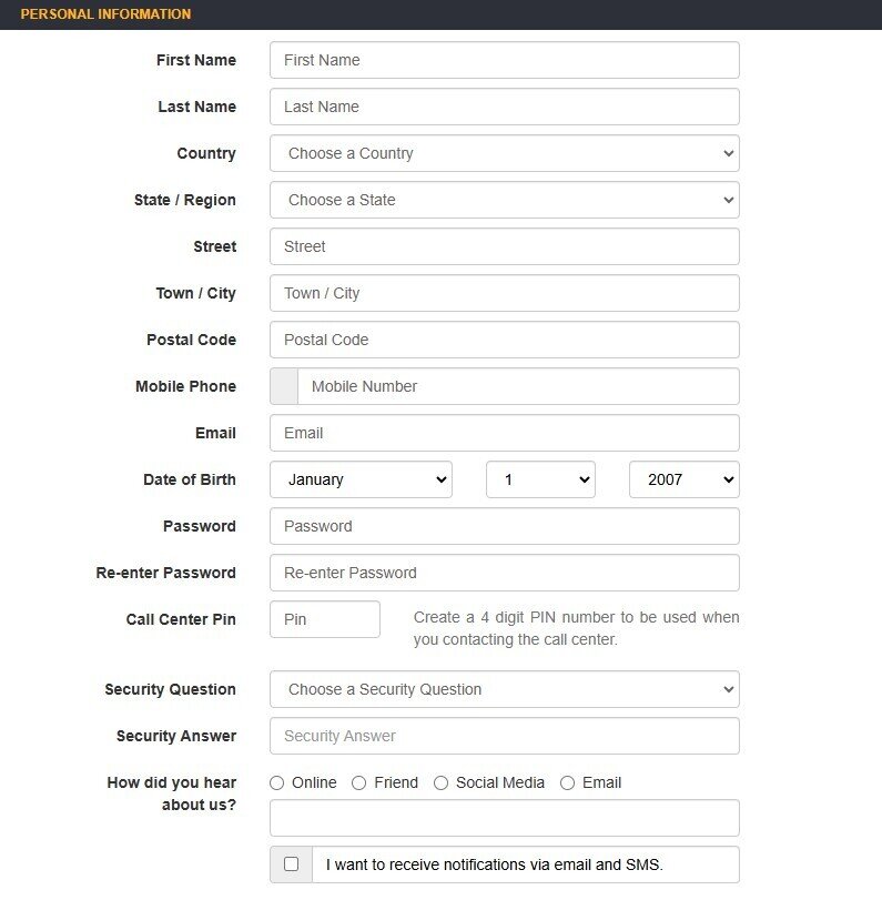 BetNow Registration Form