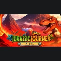 A prehistoric adventure slot with towering dinosaurs and a volcano backdrop.