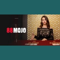 A professional live dealer hosting a luxurious baccarat table under the 88 Mojo banner.