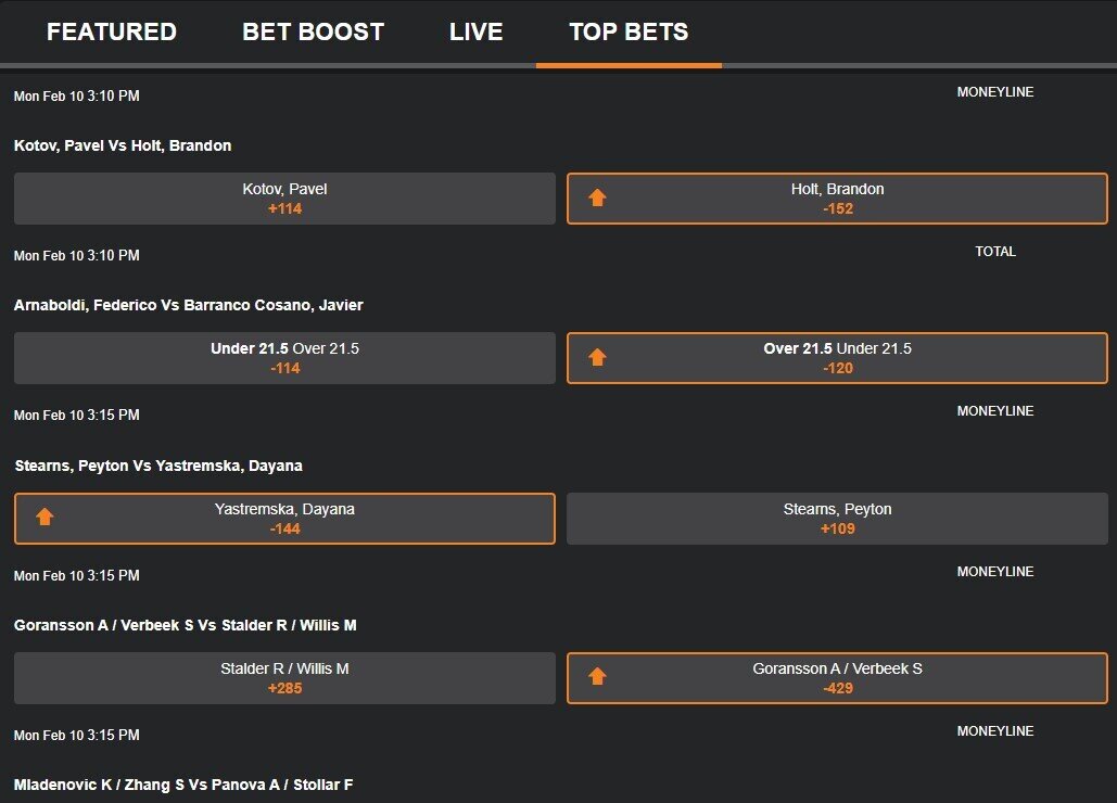 MyBookie’s Top Bets section, featuring popular wagers across global sports, with real-time odds and quick access to diverse betting opportunities.