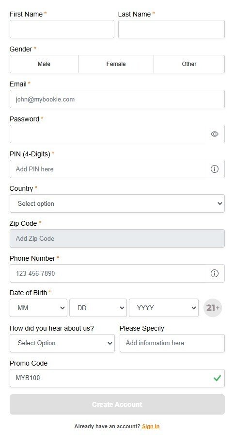 MyBookie registration page with simple sign-up fields for entering email, password, and promo codes.