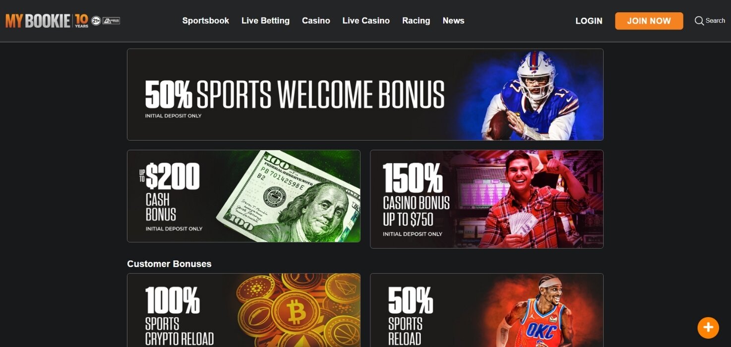 MyBookie promotions page, featuring bonuses for casino and sportsbook.