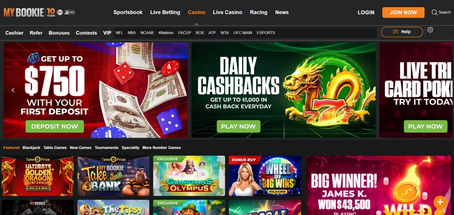 MyBookie’s casino games page, showing unique specialty games like Plinko UFO and Basketball Strike.