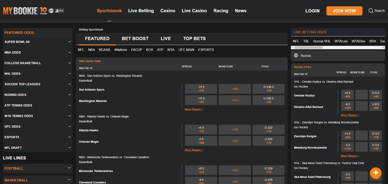 MyBookie sportsbook interface, including featured bets and live scores.