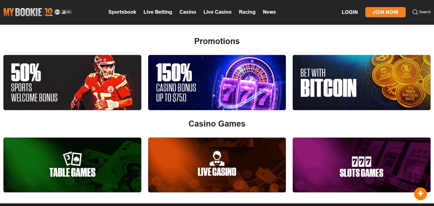 MyBookie homepage, featuring quick access to promotions, sportsbook, and casino.